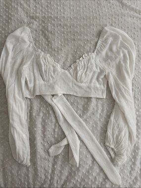 Hello Molly White Puff-Sleeve Tie-Front Crop Top